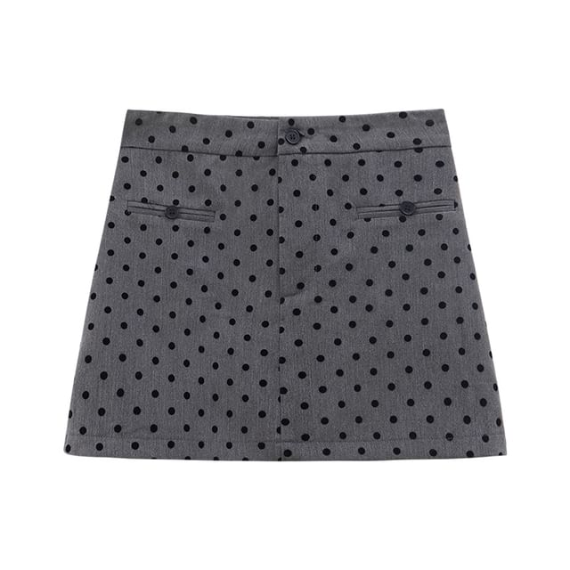Solid Button Cardigan and Dotted Mini Skirt Set