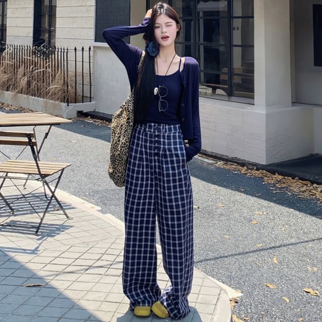 High Waist Plaid Baggy Pants, Solid Cardigan, Crop Camisole Top Set