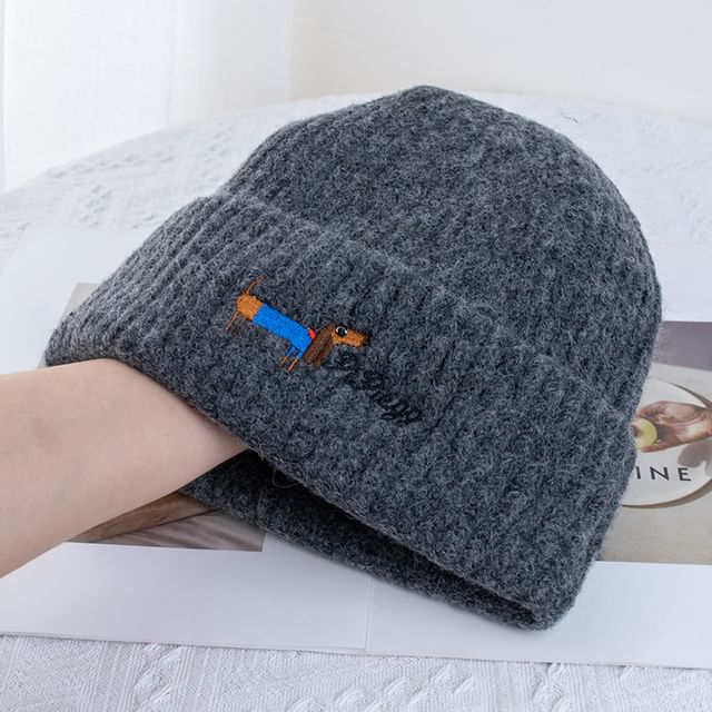 Embroidered Dog Beanie Knit