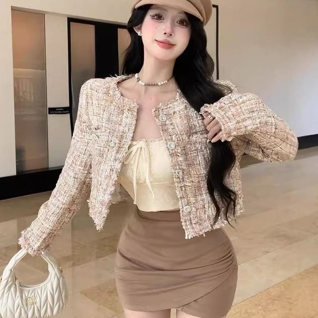 Round Neck Tweed Cropped Button Jacket