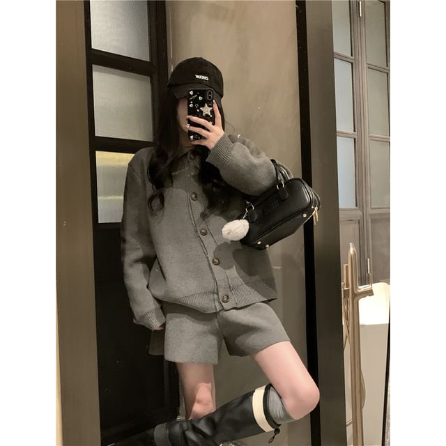 Solid Button Cardigan and Knit Shorts Set