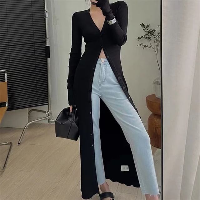 Button-Front Solid Long Knit Cardigan