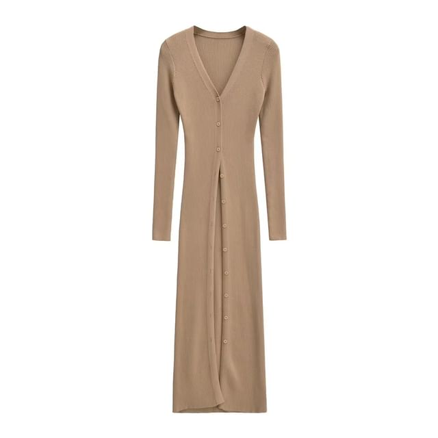 Button-Front Solid Long Knit Cardigan