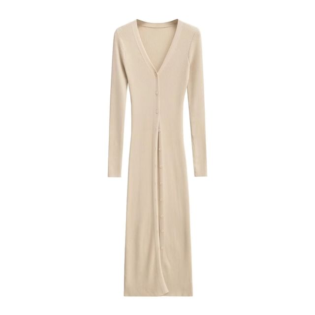 Button-Front Solid Long Knit Cardigan
