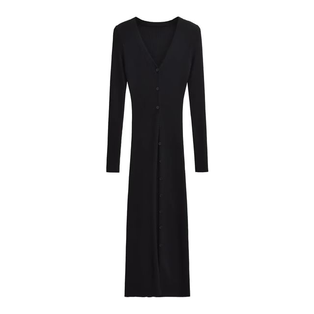 Button-Front Solid Long Knit Cardigan