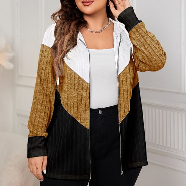 Color Block Hood Ribbed Zip Up Sweater