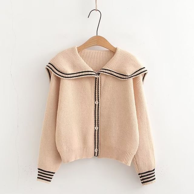 Collared Long Sleeve Striped Trim Button Crop Jacket