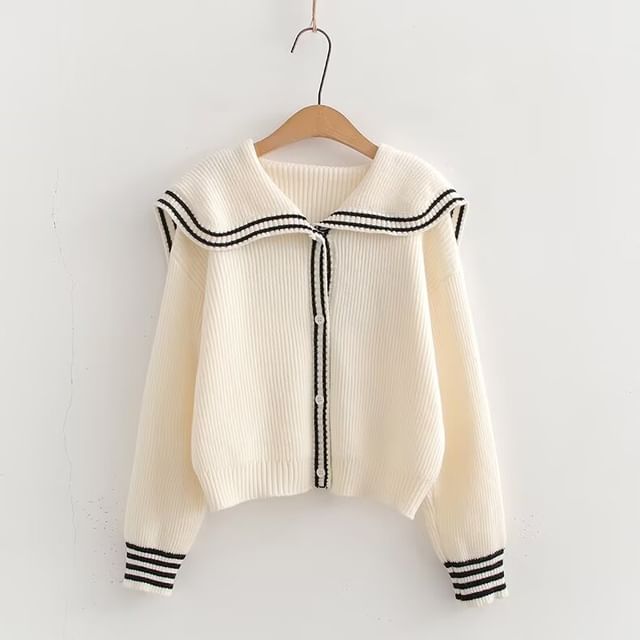 Collared Long Sleeve Striped Trim Button Crop Jacket