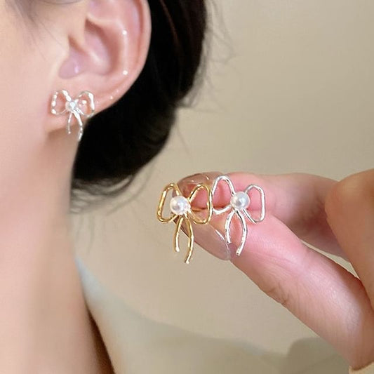 Pearl Faux Earring Stud Ribbon