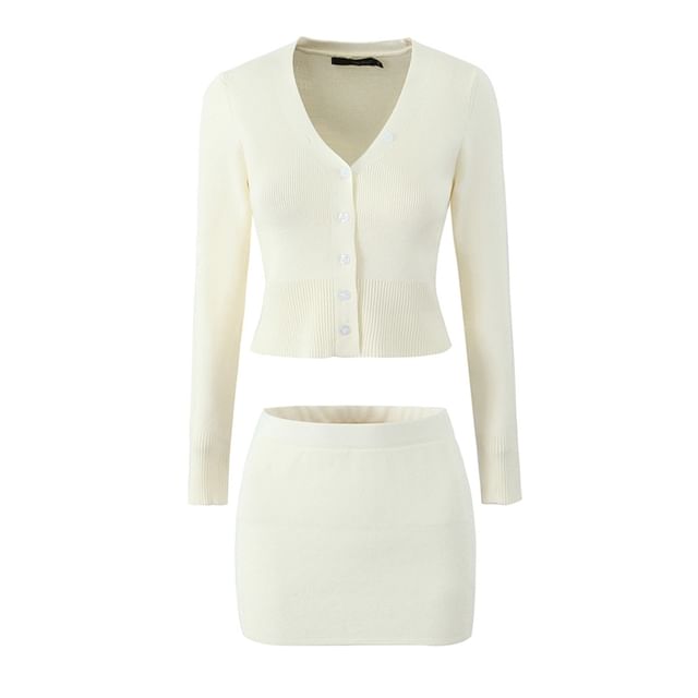 V-Neck Solid Button Crop Cardigan and High Waist Mini Pencil Skirt Set
