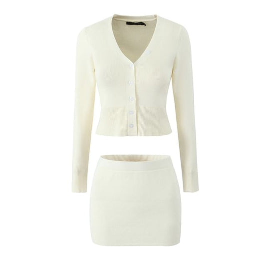 V-Neck Solid Button Crop Cardigan and High Waist Mini Pencil Skirt Set