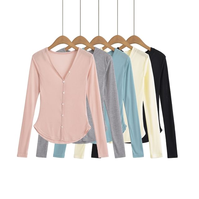 V-Neck Solid Sheer Button Knitwear