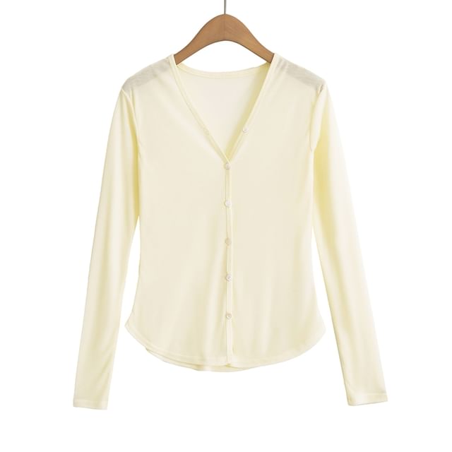 V-Neck Solid Sheer Button Knitwear