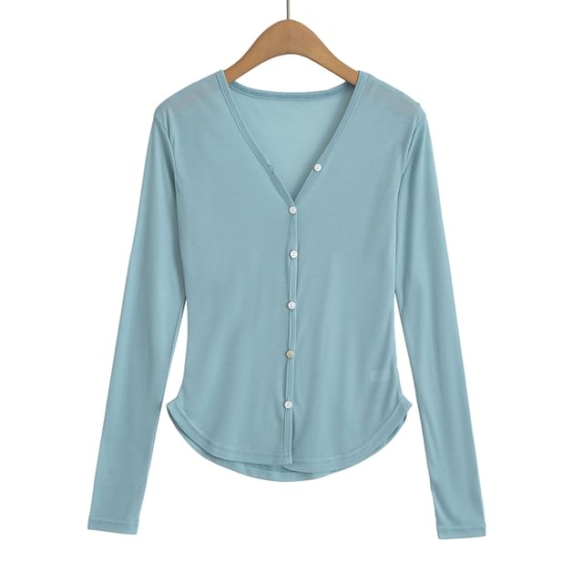 V-Neck Solid Sheer Button Knitwear