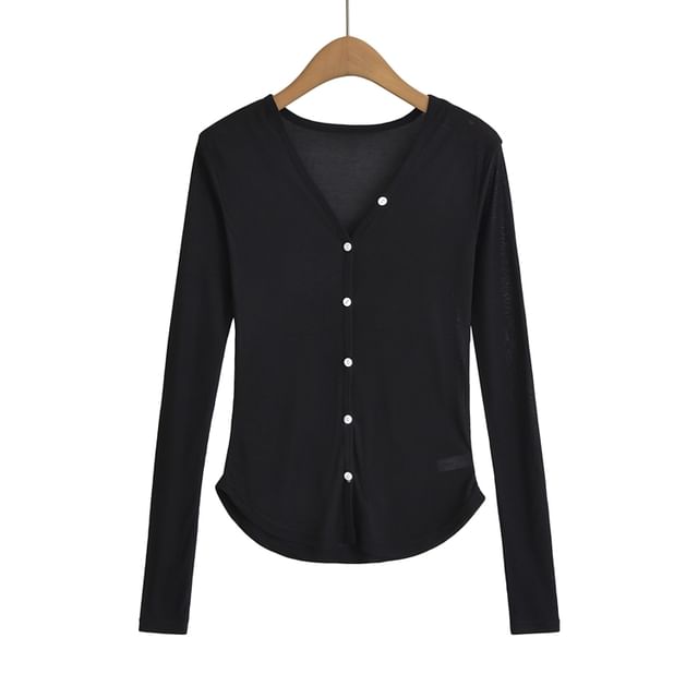 V-Neck Solid Sheer Button Knitwear