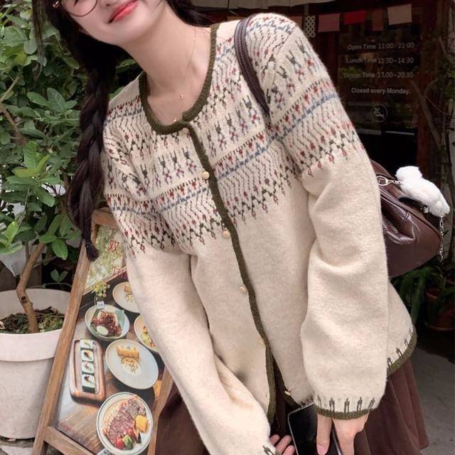 Crewneck Jacquard Button Knitwear