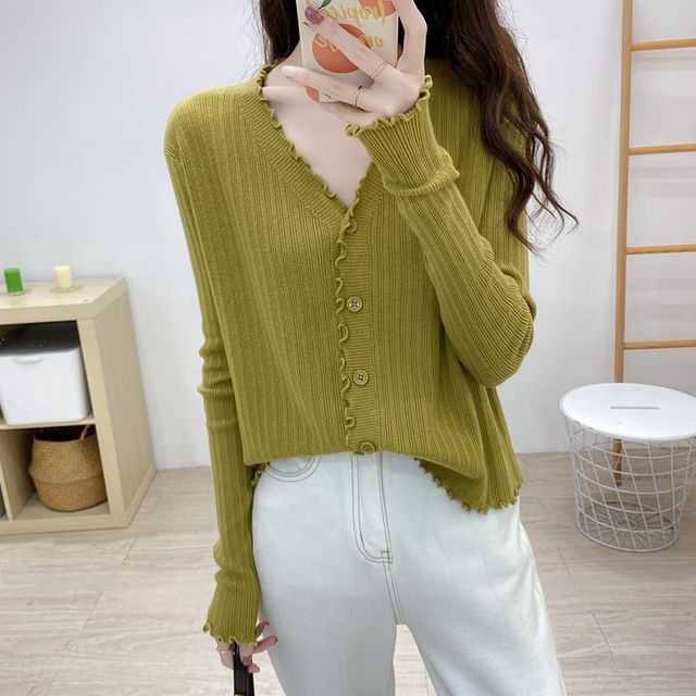 Ribbed V-Neck Cropped Knitted Cardigan