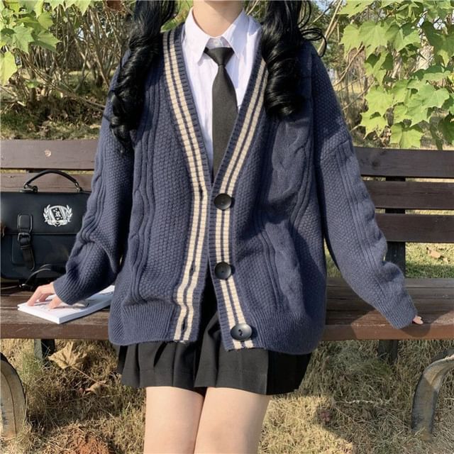Cable Knit V-Neck Striped Cardigan
