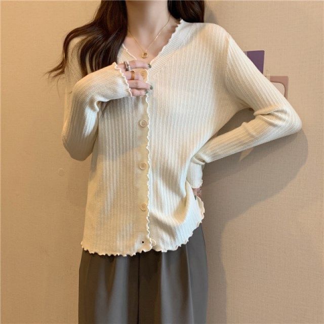 Ribbed V-Neck Cropped Knitted Cardigan