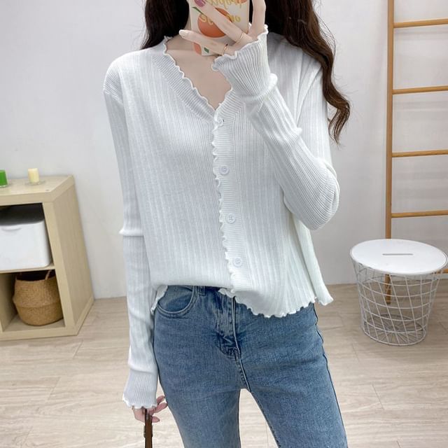 Ribbed V-Neck Cropped Knitted Cardigan