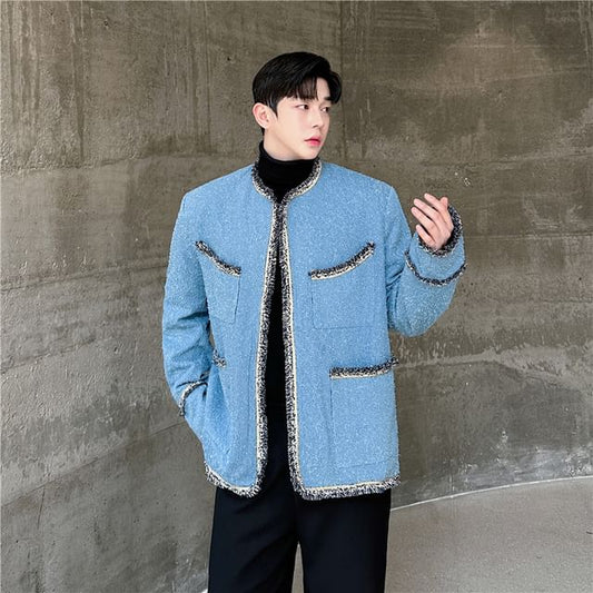 Tweed Trim Button-Up Jacket