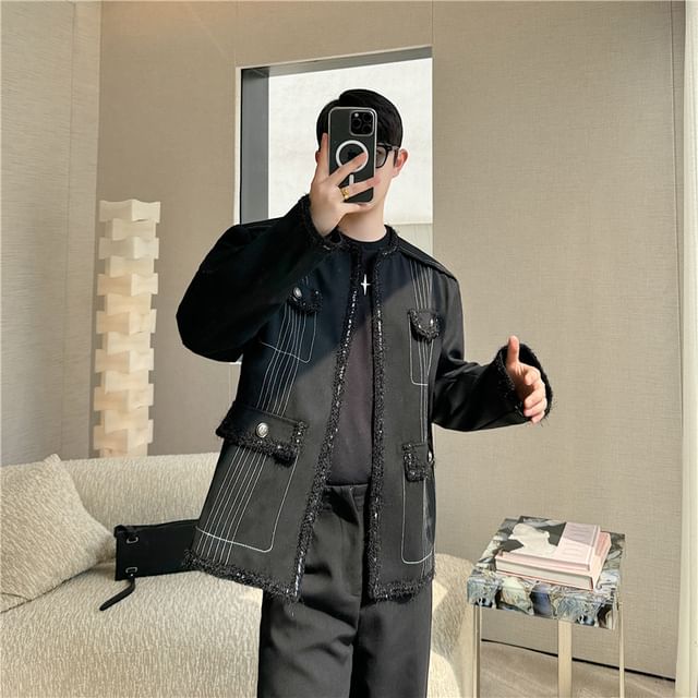 Tweed Trim Contrast Stitched Jacket