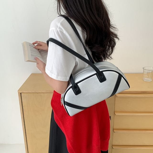 Faux Leather Bag Bowler Striped