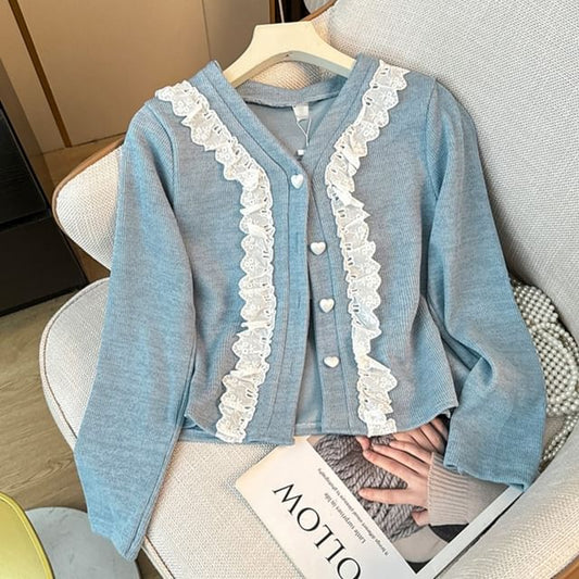 Lace-Trim V-Neck Knit Jacket