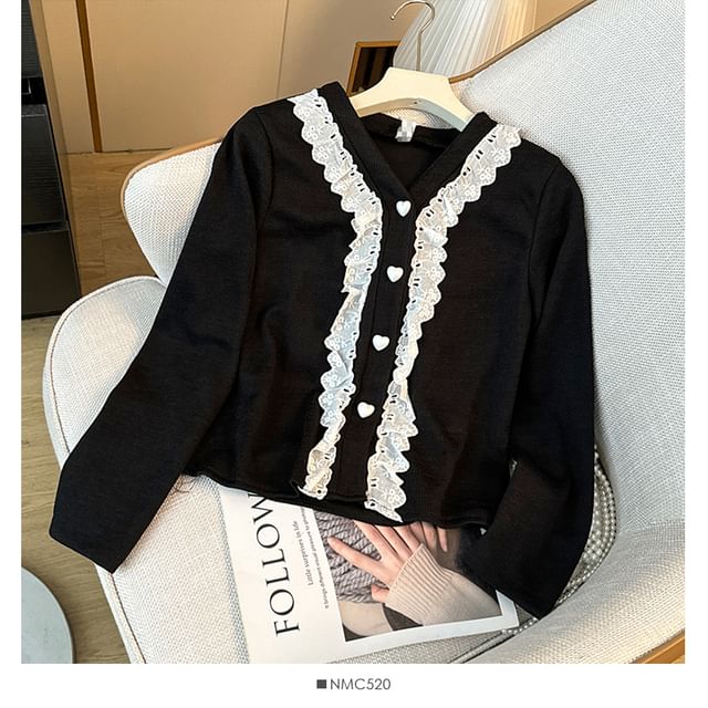 Lace-Trim V-Neck Knit Jacket