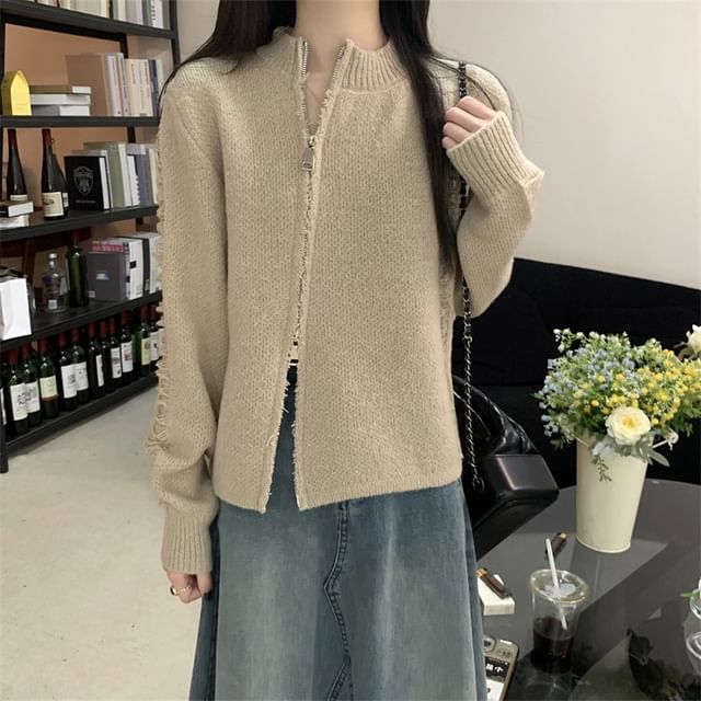 Round Neck Solid Distressed Zip Jacket