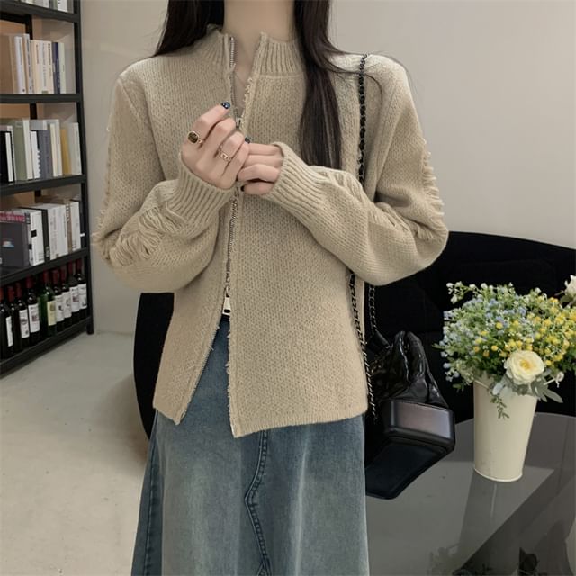 Round Neck Solid Distressed Zip Jacket