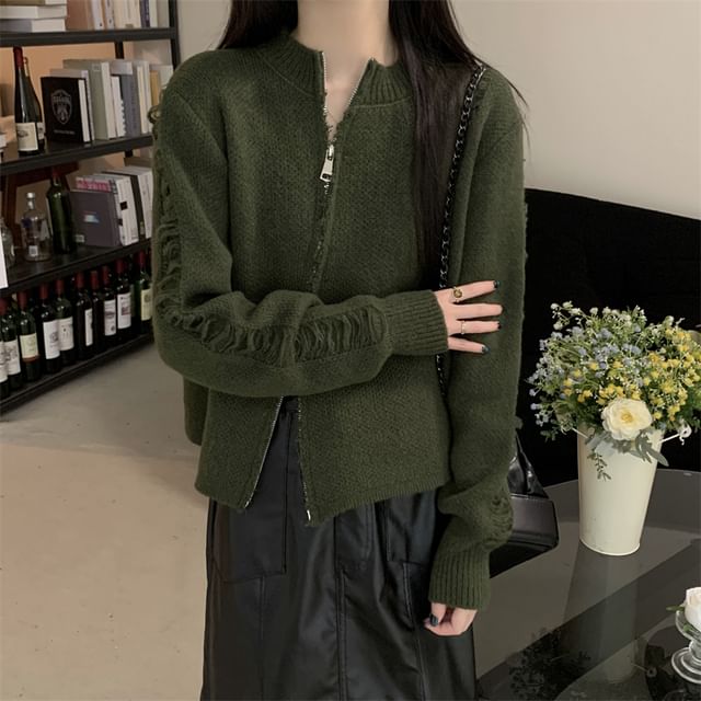 Round Neck Solid Distressed Zip Jacket