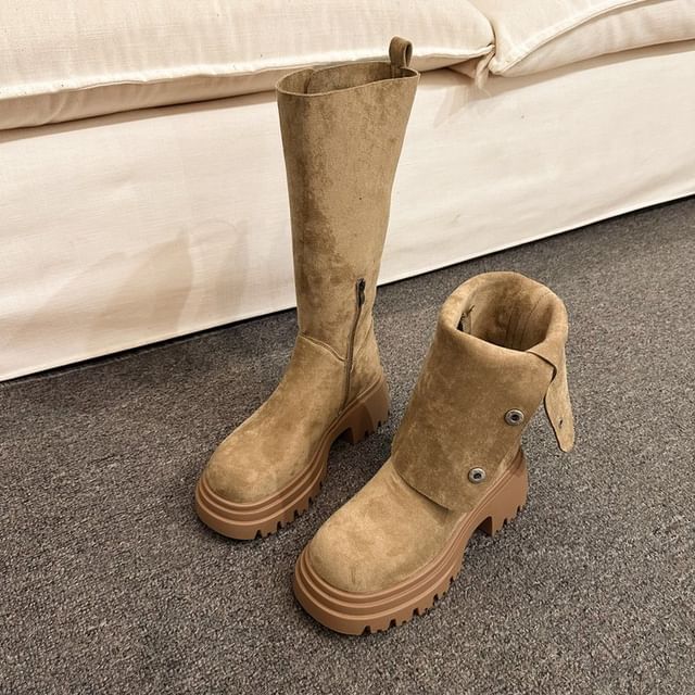 Suede Faux Platform Button Mid Boots Calf