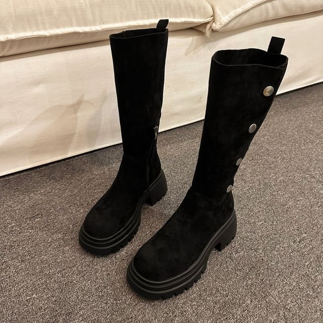 Suede Faux Platform Button Mid Boots Calf
