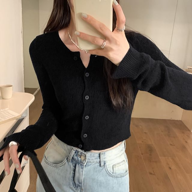 Solid Button Crop Knit Jacket