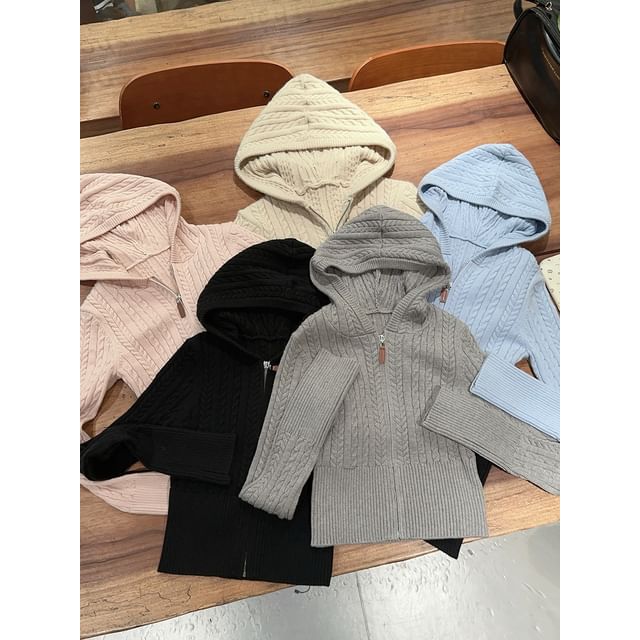 Hooded Simple Cable Knit Zip Up Cropped Sweater