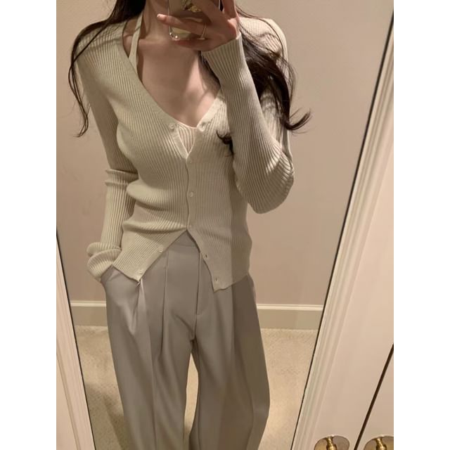 V-Cut Simple Ribbed Knit Sweater Jacket