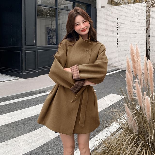 Stand Collar Plaid Lining Button Tie Front Coat