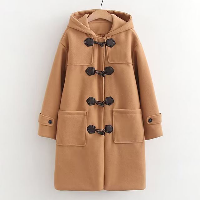 Hooded Plain Wool Toggle Long Coat