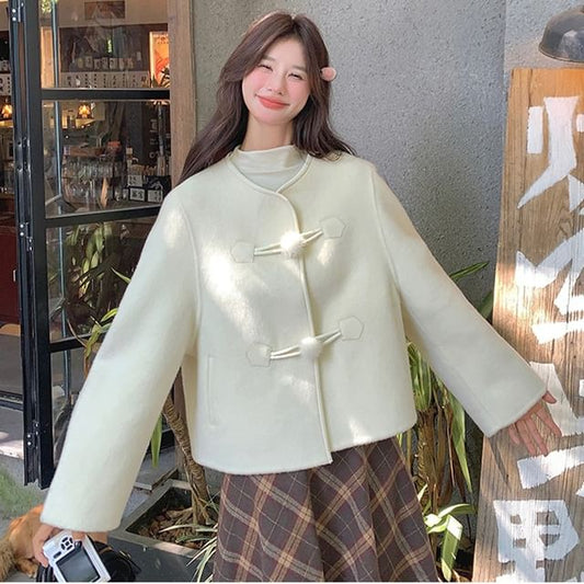 V-Neck Plain Pom Pom Button Jacket