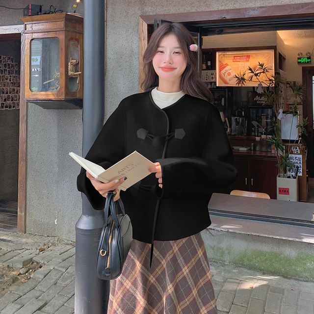 V-Neck Plain Pom Pom Button Jacket