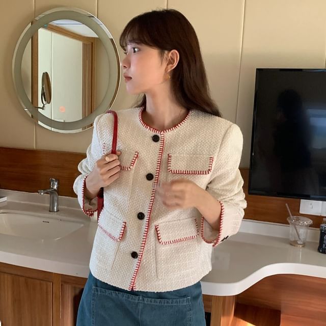 Crew Neck Contrast Stitched Button-Up Tweed Crop Jacket
