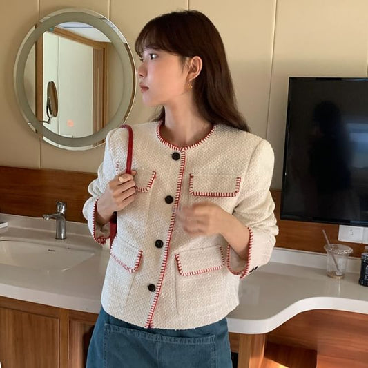 Crew Neck Contrast Stitched Button-Up Tweed Crop Jacket