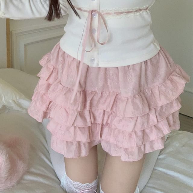 Skirt Plain Cardigan / Waist Cami Ruffle Open Trim Lace Mini Front High Top A-Line Fluffy