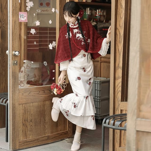 Long Sleeve Mandarin Collar Floral Print Ruffle Midi Mermaid Dress / Round Neck Floral Embroidered Tweed Capelet / Set