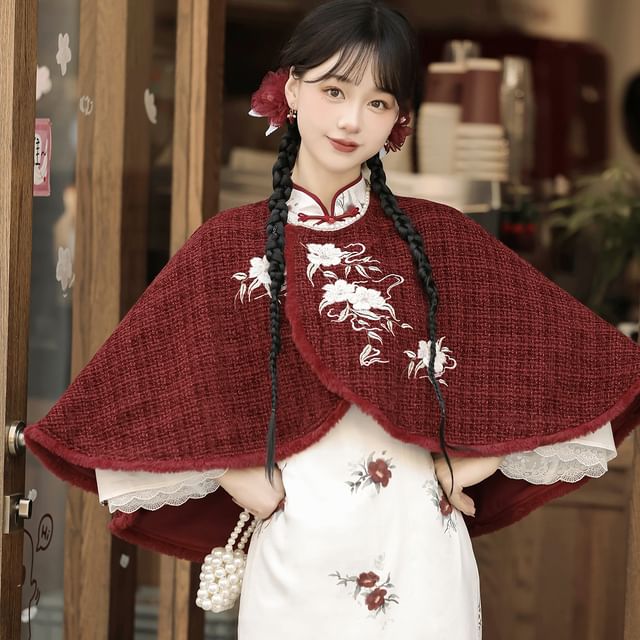 Long Sleeve Mandarin Collar Floral Print Ruffle Midi Mermaid Dress / Round Neck Floral Embroidered Tweed Capelet / Set