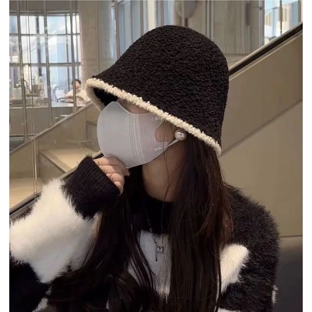 / Trim Contrast Plain Ear Knit Hat Bucket