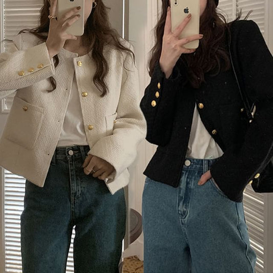 Round Neck Plain Button Up Cropped Tweed Jacket