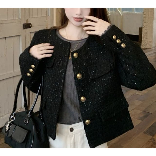Crewneck Tweed Button-Up Jacket / Long-Sleeve Plain Top