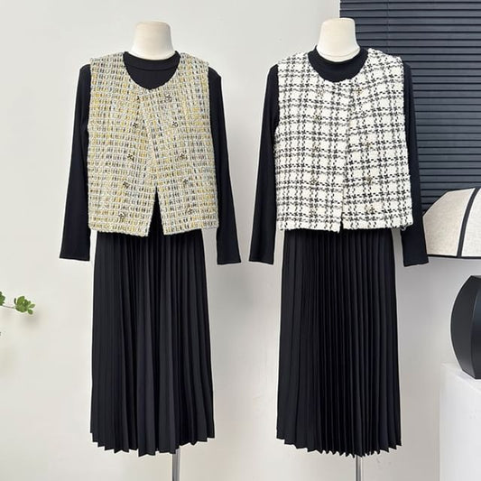 Double-Breasted Tweed Vest / Pleated A-Line Dress